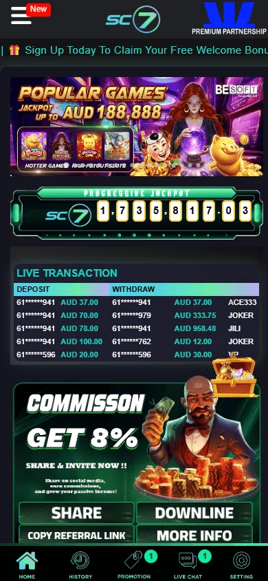 Sc7 Casino home page on a mobile device