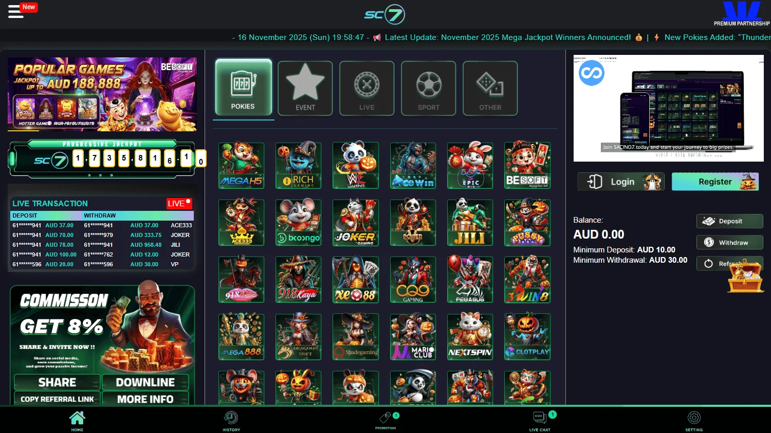 Sc7 Casino home page on desktop