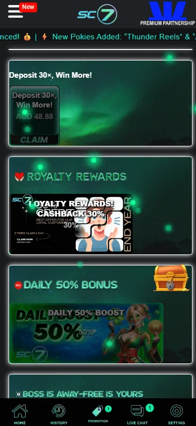 Sc7 Casino promotions page on a mobile device